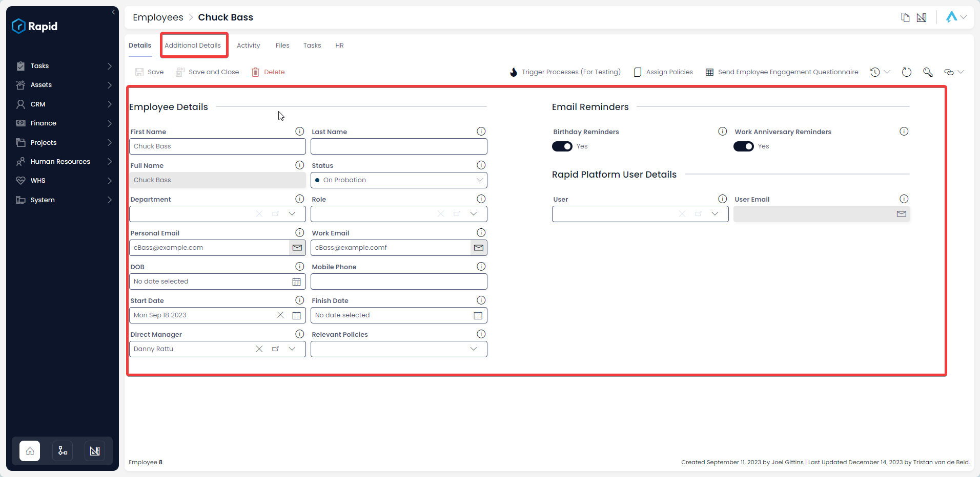 A screenshot that depicts how to open the &quot;Additional Details&quot; tab at the top of an employee item. The screenshot is annotated with two red boxes. The upper red box indicates where to find the &quot;Additional details&quot;, whereas the lower red box indicates all of the fields that will appear when this tab is opened.